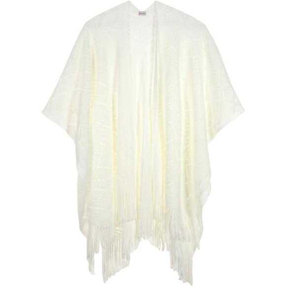 Knit Shawl Wrap - Fringe Poncho Cardigan Cape Cream - Picture 1 of 6